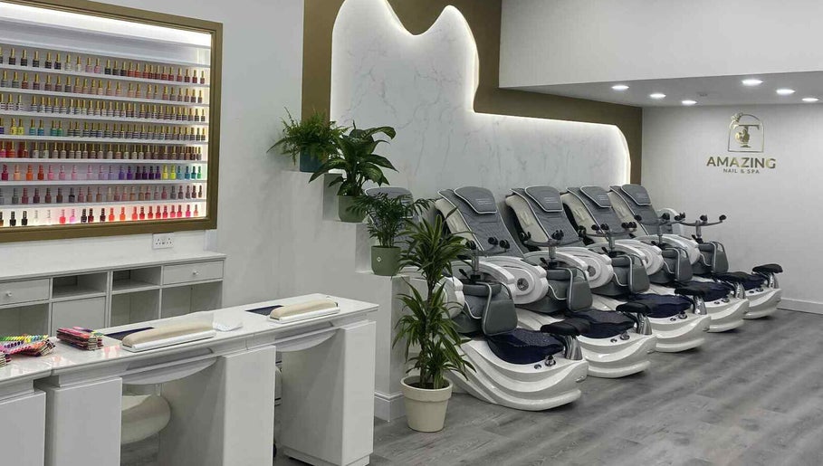 Luxurious nail salon interior at Amazing Nails & Spa, Dublin, County Dublin, IE, featuring comfortable pedicure chairs.