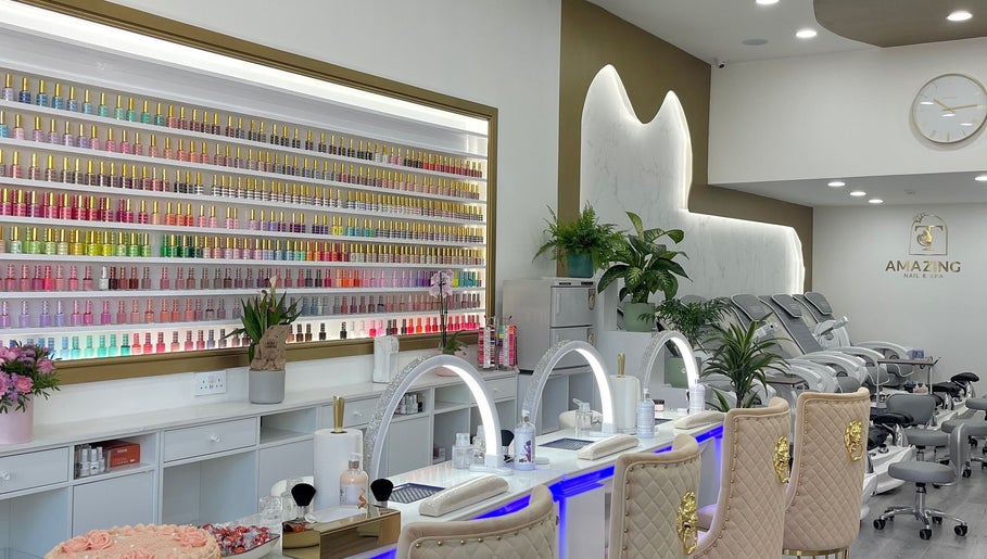 Bright nail polish display and modern interior at Amazing Nails & Spa, Dublin, County Dublin, IE.