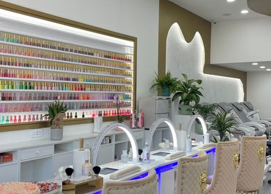 Bright nail polish display and modern interior at Amazing Nails & Spa, Dublin, County Dublin, IE.