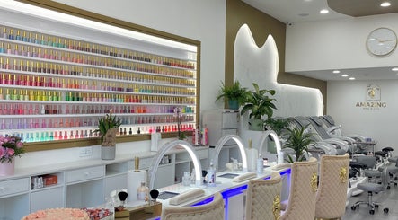 Bright nail polish display and modern interior at Amazing Nails & Spa, Dublin, County Dublin, IE.