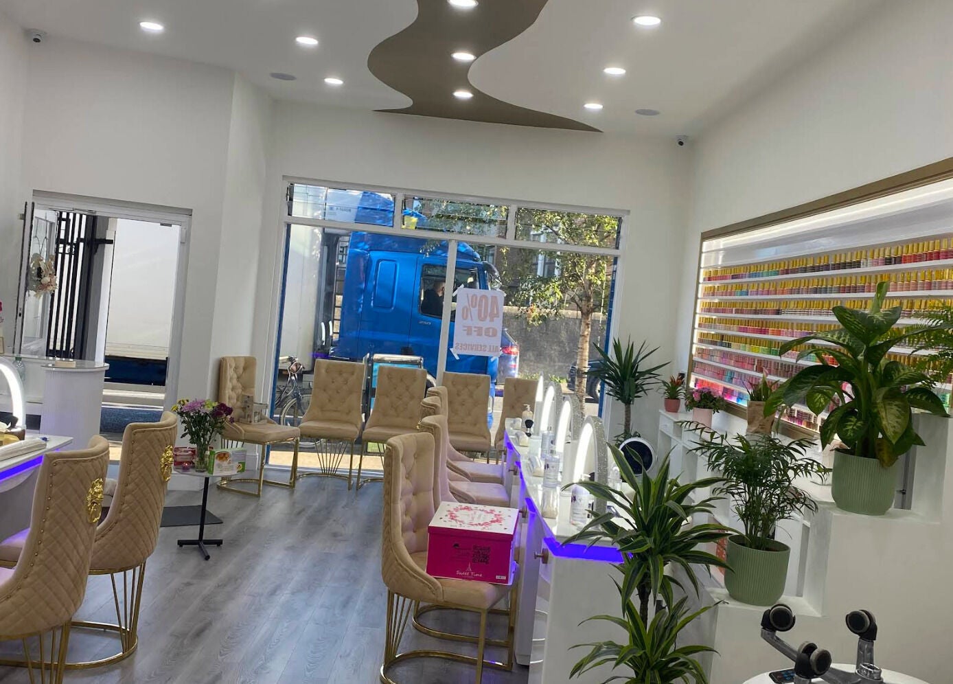 Elegant interior of Amazing Nails & Spa, Dublin, County Dublin, IE, showcasing stylish seating and vibrant decor.