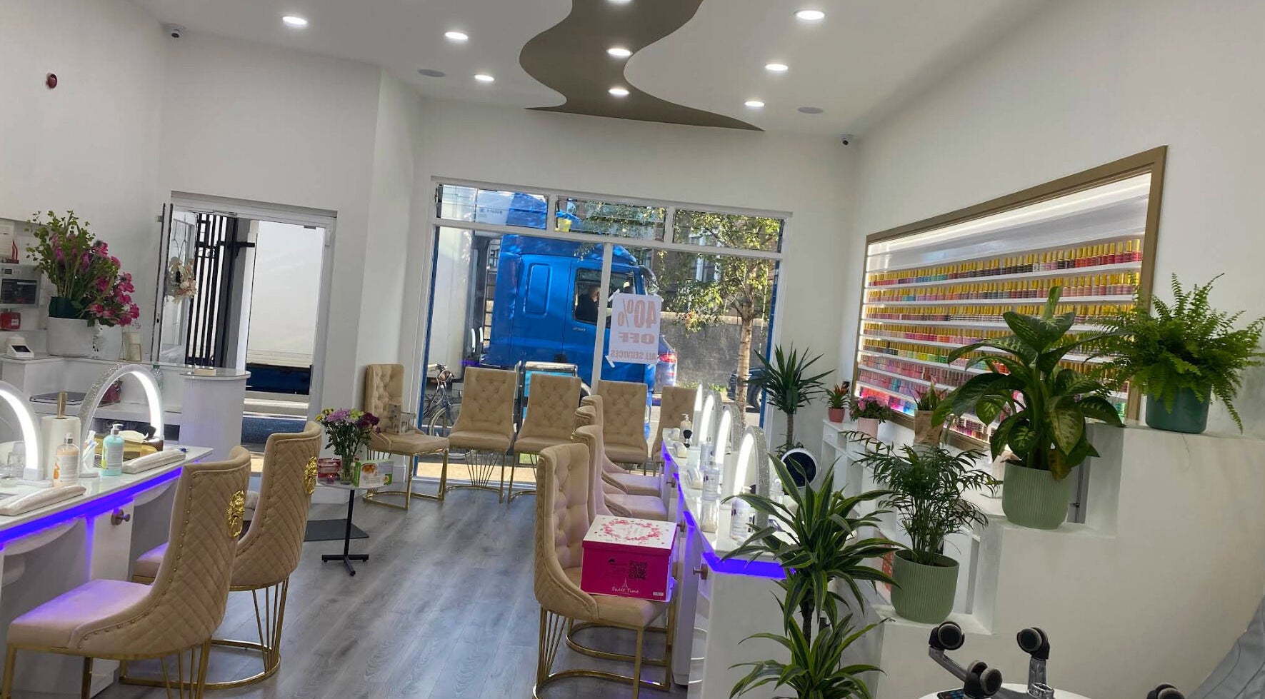 Elegant interior of Amazing Nails & Spa, Dublin, County Dublin, IE, showcasing stylish seating and vibrant decor.