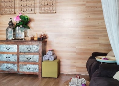 Calming Thai Metha lounge area with rustic decor in North Adelaide, South Australia, AU.