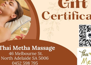 Gift certificate for Thai Metha Massage in North Adelaide, South Australia, featuring a tranquil massage scene.