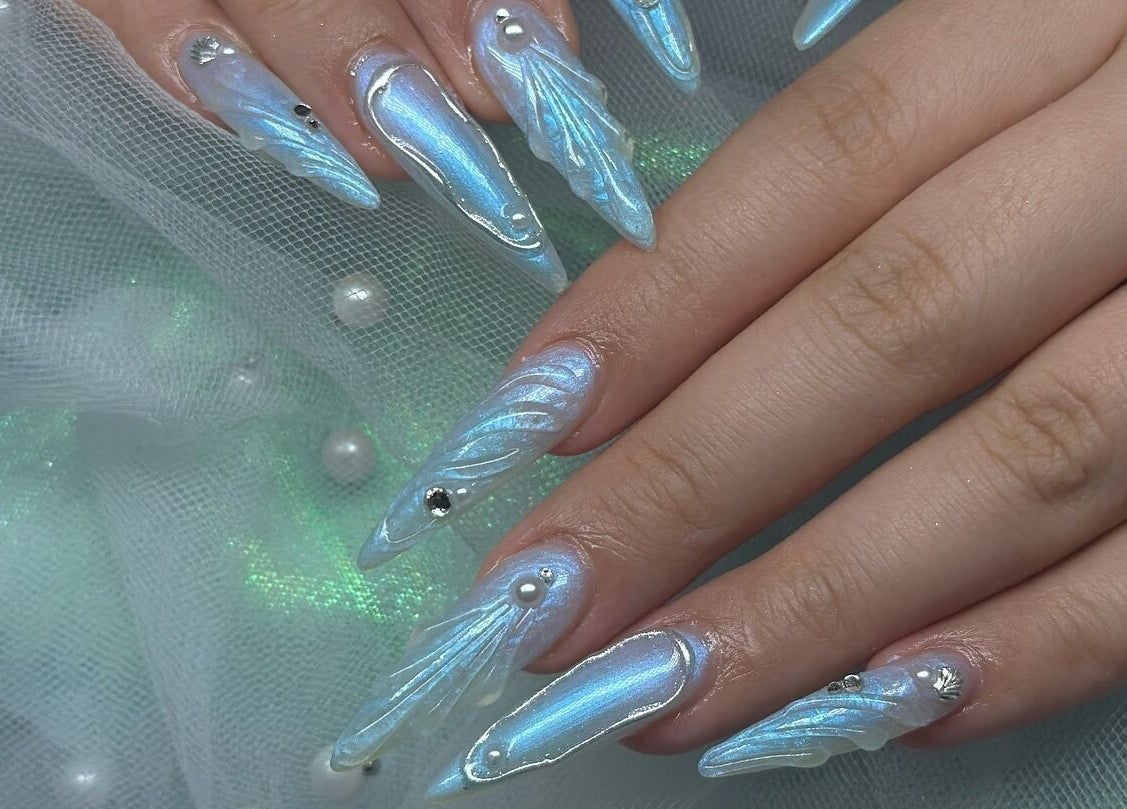 Intricate pearlescent nail art at The Nail And Beauty Lounge, North Adelaide, South Australia, AU.