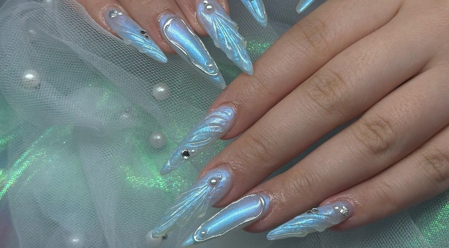 Intricate pearlescent nail art at The Nail And Beauty Lounge, North Adelaide, South Australia, AU.