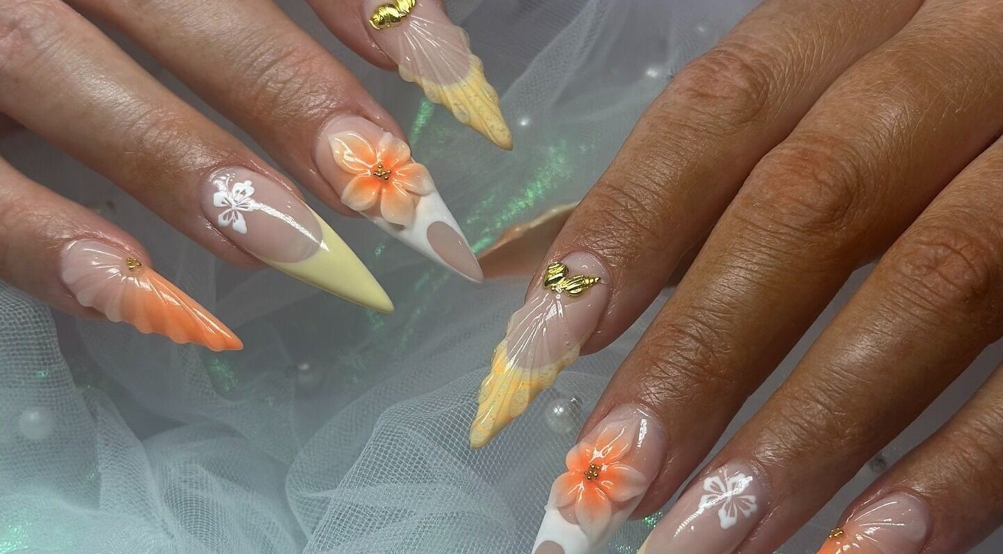 Detailed floral nail art at The Nail And Beauty Lounge, North Adelaide, South Australia, AU.