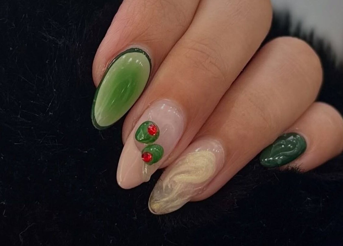 Elegant green nail art at The Nail And Beauty Lounge, North Adelaide, South Australia, AU.