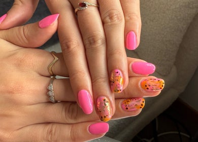 Bright pink and orange nail art at Beauty By Becca, Portlethen, Scotland, GB.