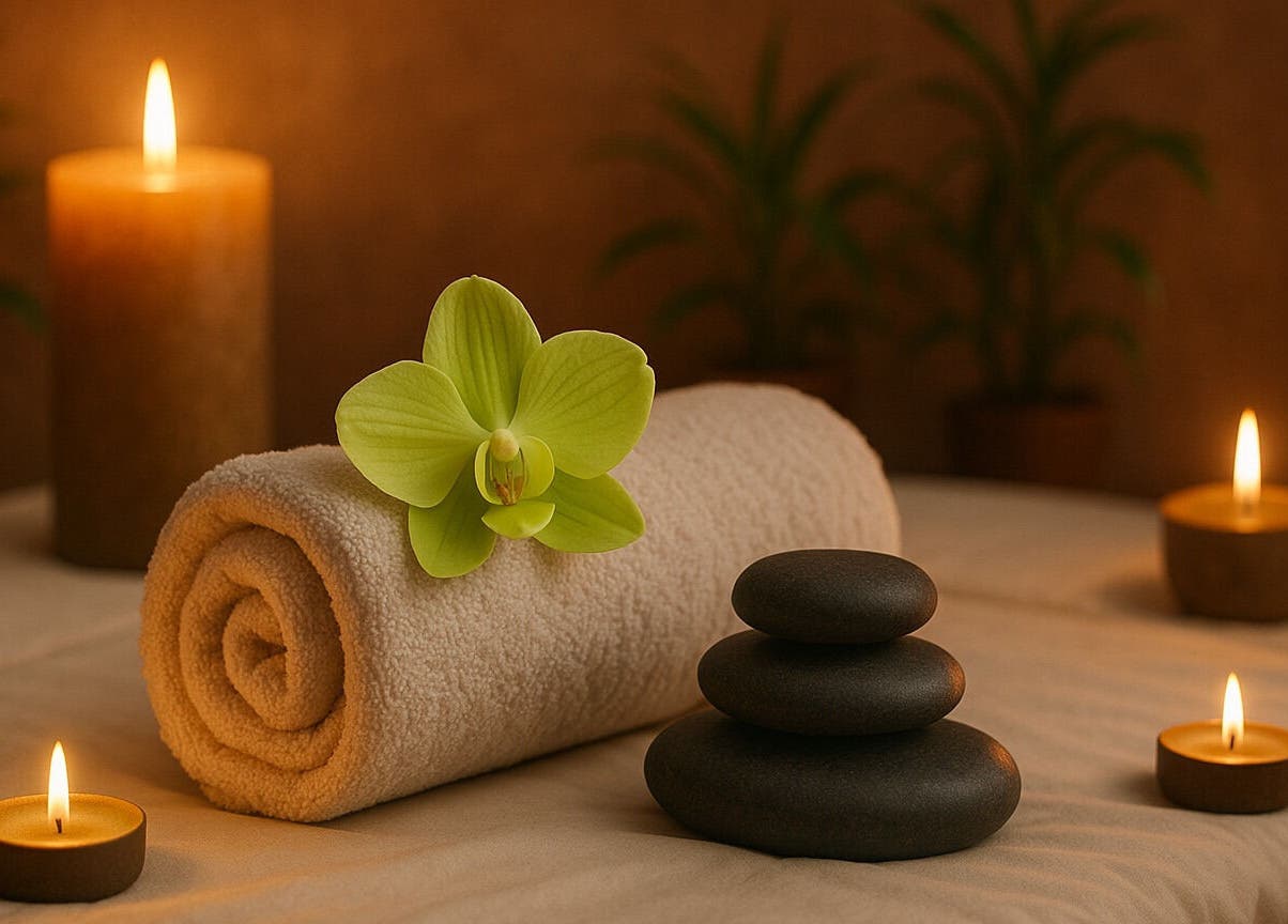 Ambiance spa à Tantrareve.com, Baisieux, Hauts-de-France, FR avec bougies et pierres de massage.