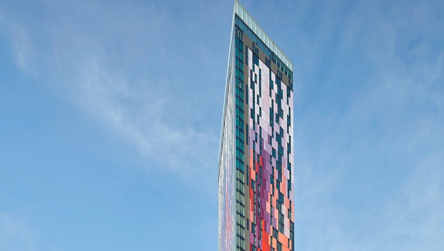 Colorful high-rise near JZ Nailed It, Croydon, England, GB, showcasing modern architectural design.