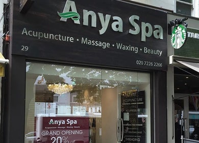 Front view of Anya Spa@Angel store in London, England, GB, offering acupuncture, massage, and beauty services.