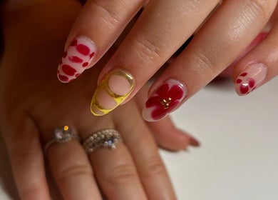 Beautiful red and gold nail art at Nails By Katie, Coleraine, Northern Ireland, GB.