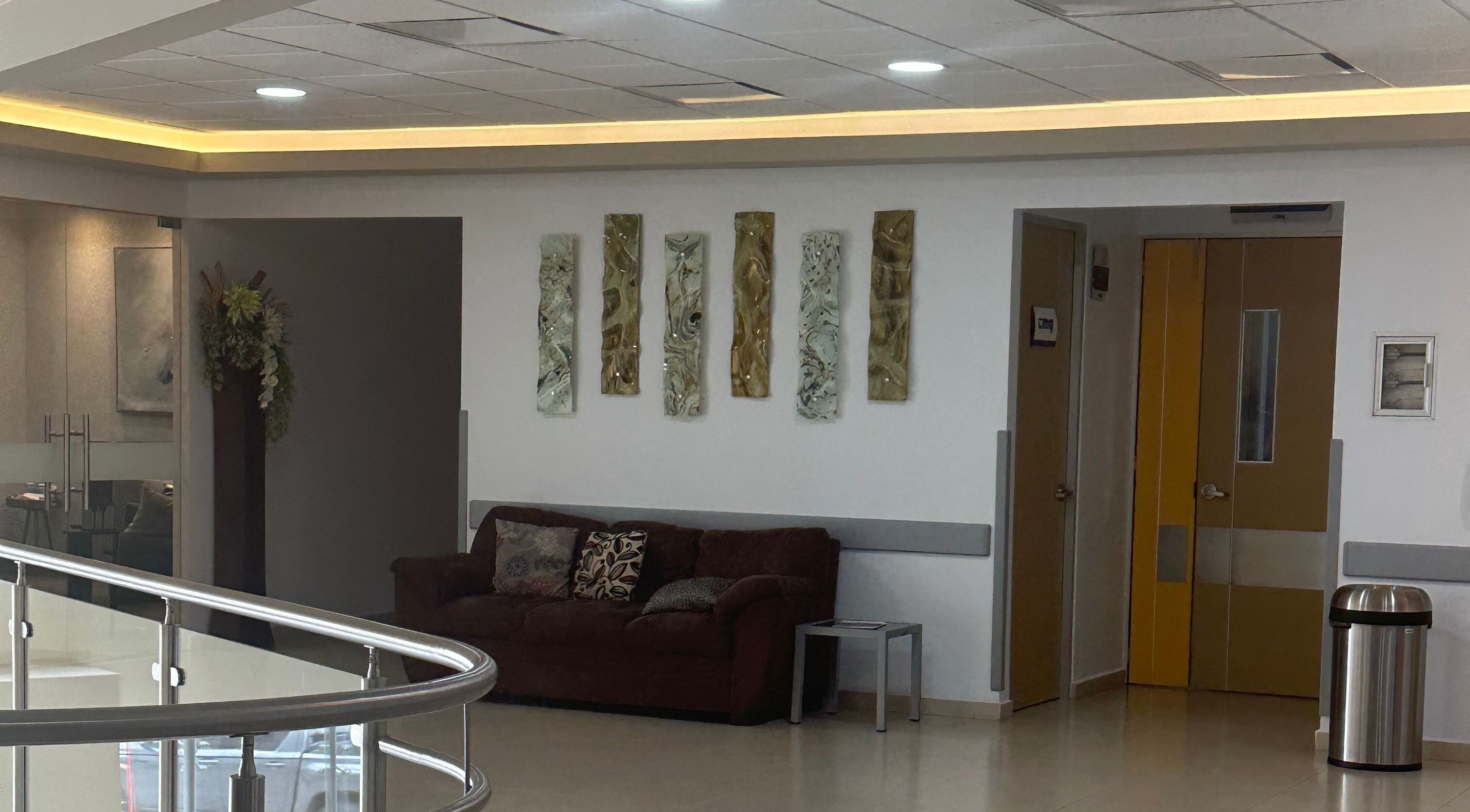 Sala de espera elegante en Hospital CMQ Rivera Nayarit, Bucerías, Nayarit, MX con sofá y decoración artística.