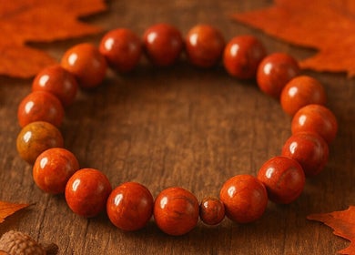 Bracelet en perles orange sur fond automnal à Bien Naître par Ailes, Castelmoron-sur-lot, Nouvelle-aquitaine, FR.