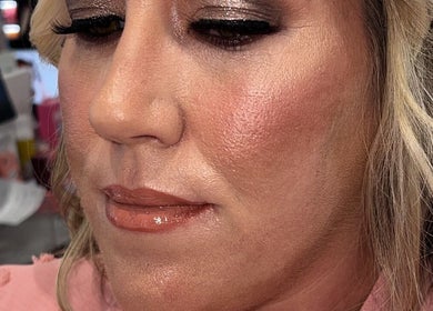 Close-up of professional makeup at Browsbybre in Upland, California, US, highlighting detailed eye and cheek makeup.