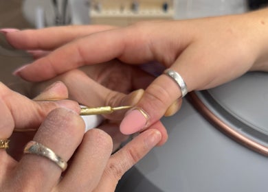 Close-up of elegant nail art at Ann's Nails and Beauty, Ruddington, England, GB. Expert detail in design.