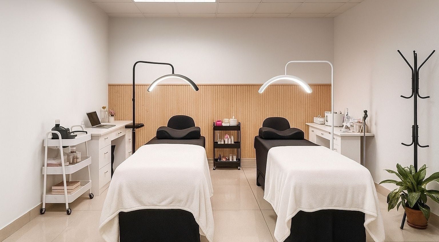 Sala de terapia en Issa Lash Room, Panamá, Provincia De Panamá, PA, con dos camas blancas y ambiente acogedor.