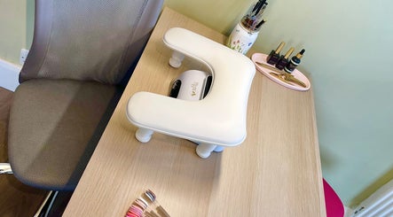 Manicure station at The Harrogate Nail Artist in Harrogate, England, GB featuring tools and nail colors.
