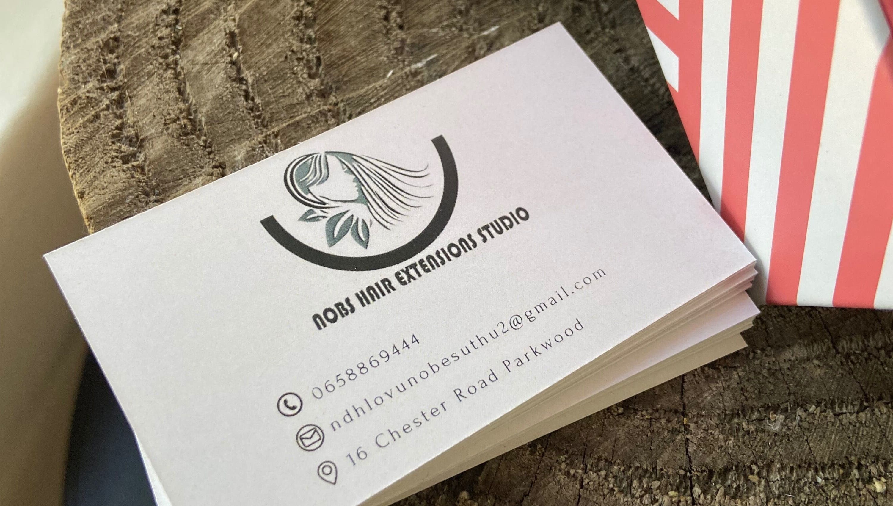 Nobs Hair Extensions Studio card featuring logo and contact info in Johannesburg, Gauteng, ZA.