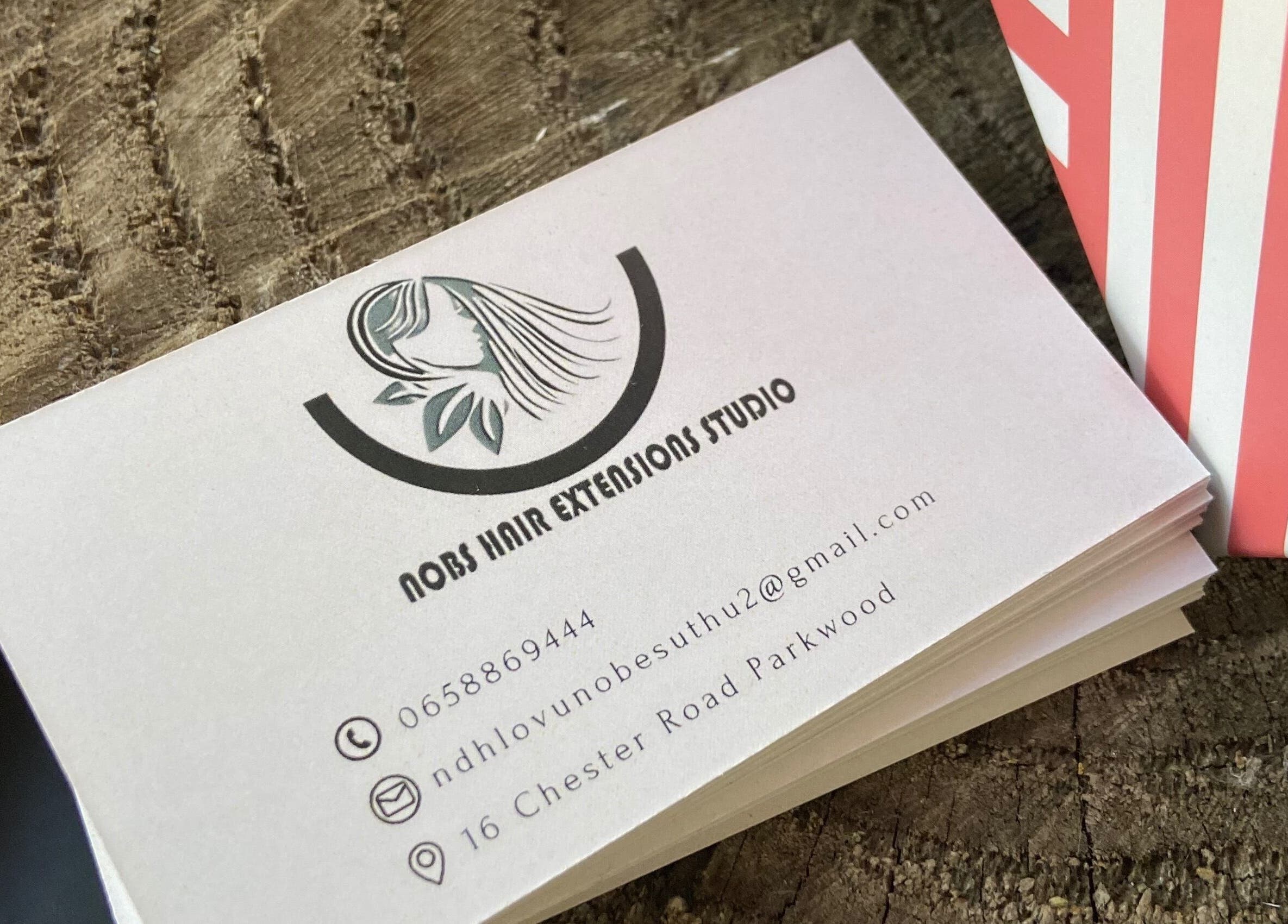 Nobs Hair Extensions Studio card featuring logo and contact info in Johannesburg, Gauteng, ZA.