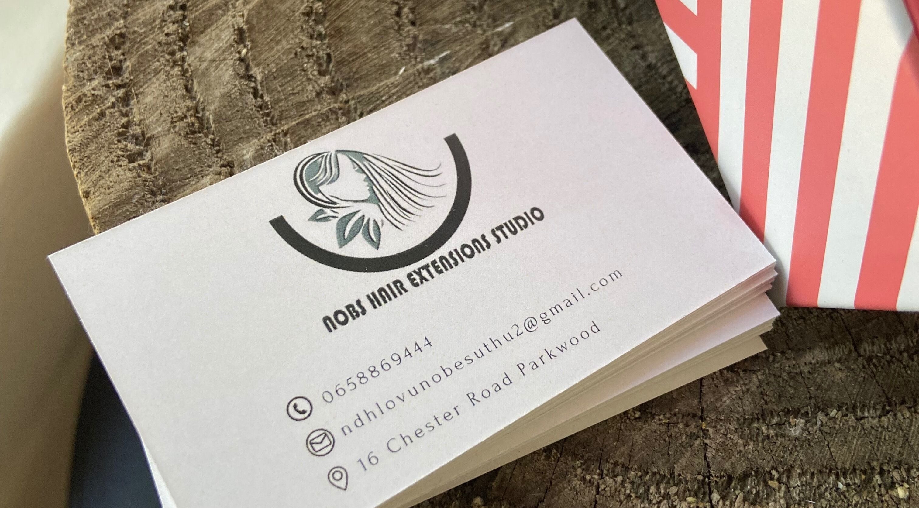 Nobs Hair Extensions Studio card featuring logo and contact info in Johannesburg, Gauteng, ZA.