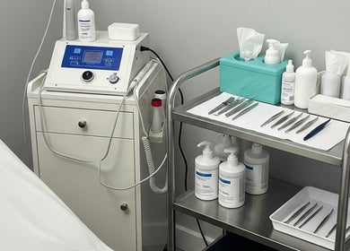 Electrolysis equipment at Byrd's Beauty Electrolysis in Euclid, Ohio, US, showcasing a sleek, modern spa setup.