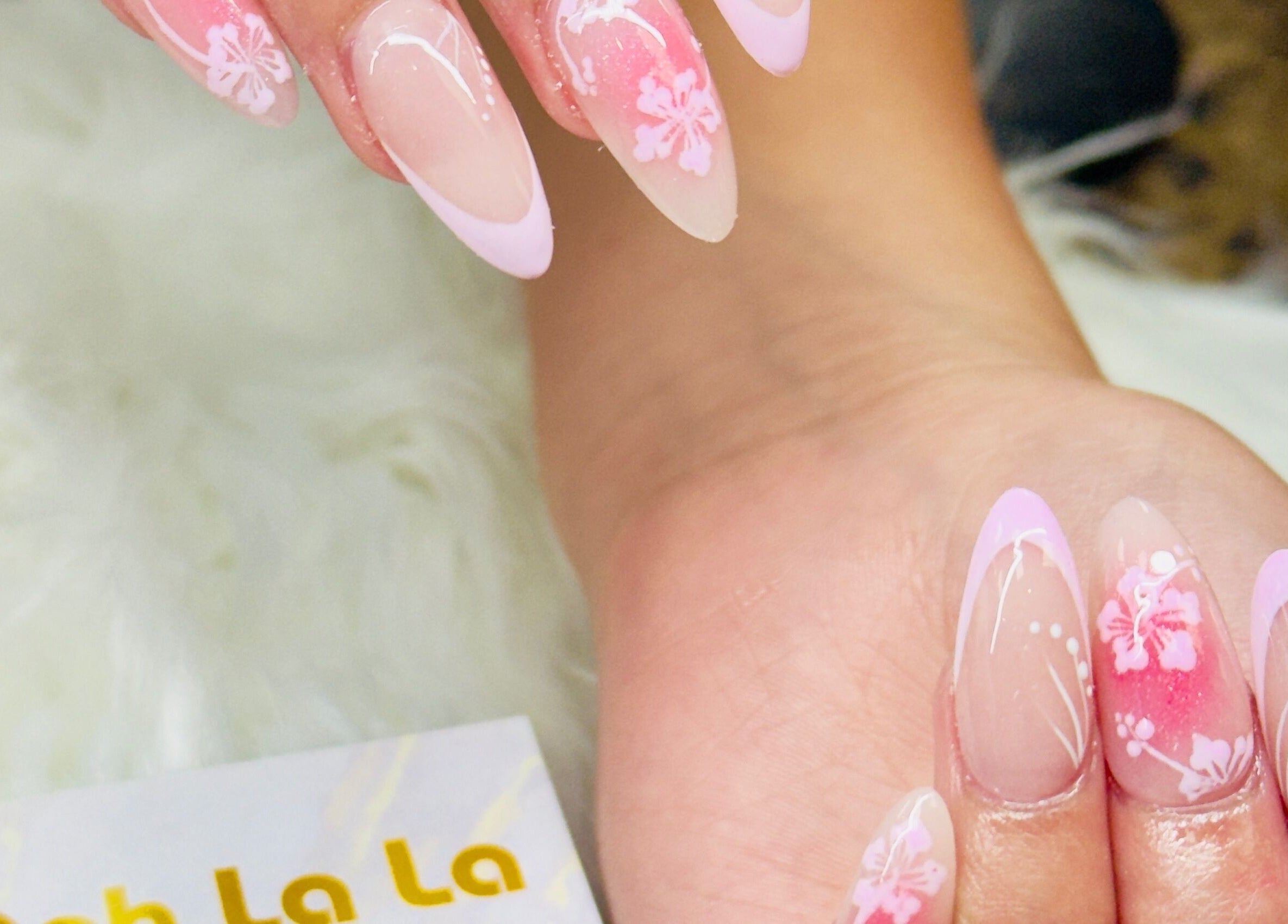 Elegant pink floral nail art at Ooh La La Nail Bar in Richardson, Texas, US, showcasing intricate designs.