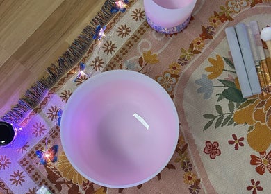 Calming wellness setup at Butterfly Energy, Duncraig, Western Australia, AU with singing bowls and decorative mat.