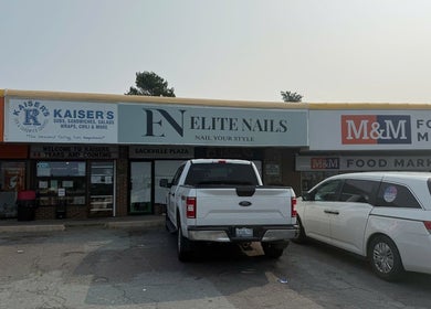 Front view of Elite Nails at Sackville Plaza, Lower Sackville, Nova Scotia, CA showing store signage.
