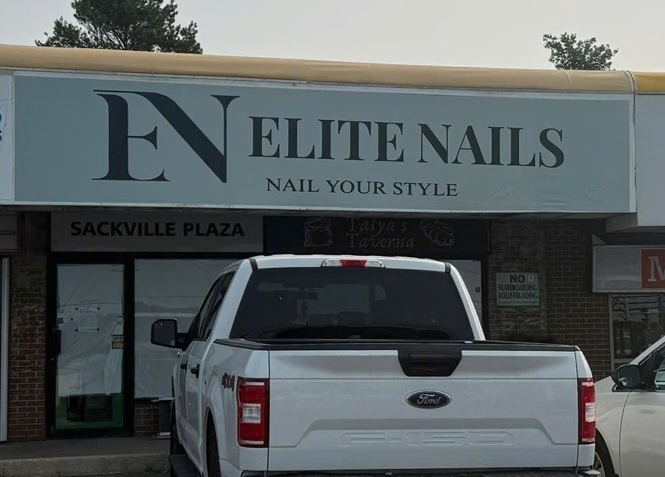 Front view of Elite Nails located in Lower Sackville, Nova Scotia, CA, showcasing the salon signage.