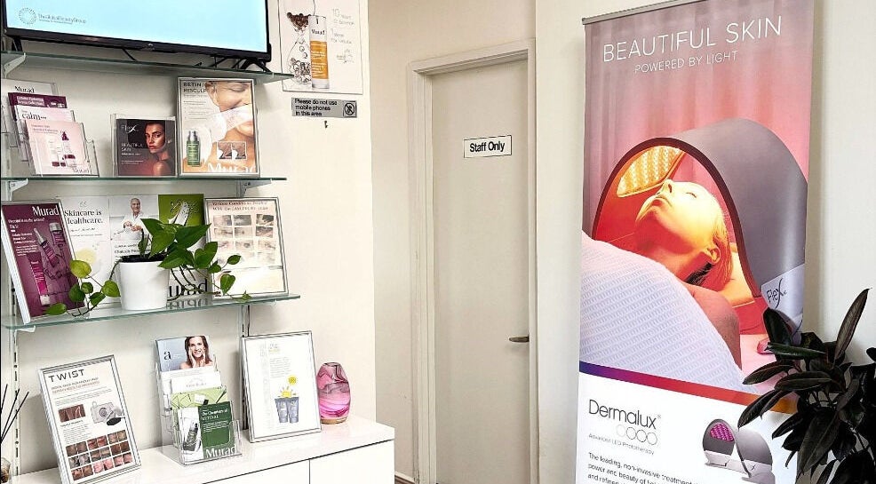 Interior of Advanced Skin and Laser, Mount Eliza, Victoria, AU showcasing skincare products and treatment poster.