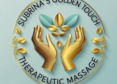 Logo of Subrina’s Golden Touch therapeutic Massage in Kingston, St. Andrew Parish, JM featuring golden hands and leaves.