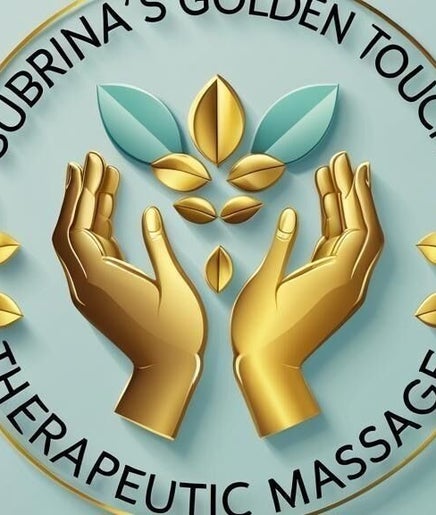 Logo of Subrina’s Golden Touch therapeutic Massage in Kingston, St. Andrew Parish, JM featuring golden hands and leaves.