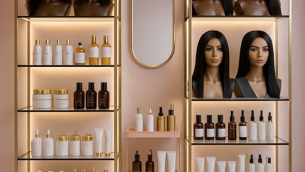 Luxuriously arranged product shelves at SS HAIR STUDIO 2020, Rustenburg, North West, ZA.