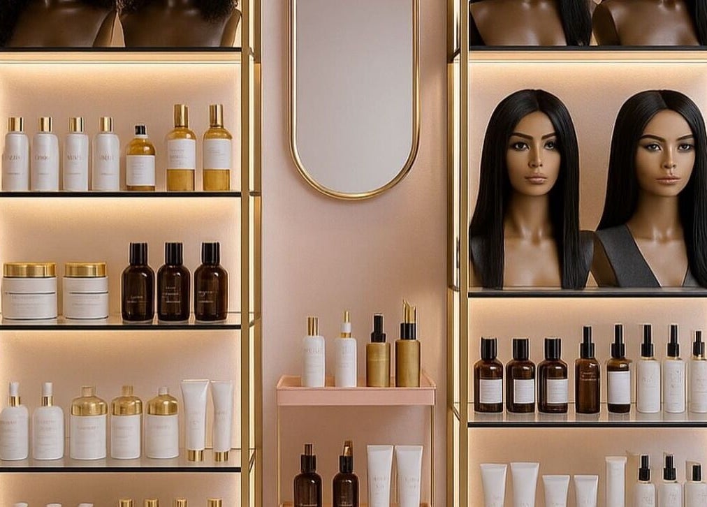Luxuriously arranged product shelves at SS HAIR STUDIO 2020, Rustenburg, North West, ZA.