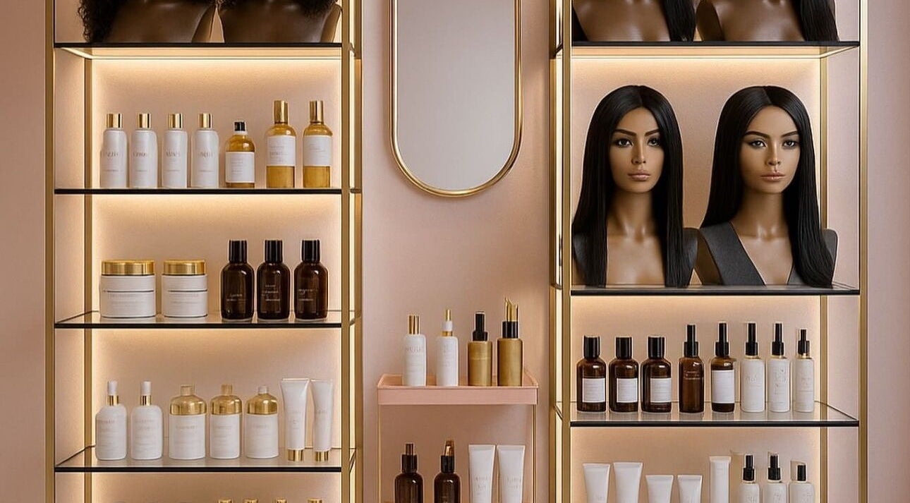 Luxuriously arranged product shelves at SS HAIR STUDIO 2020, Rustenburg, North West, ZA.
