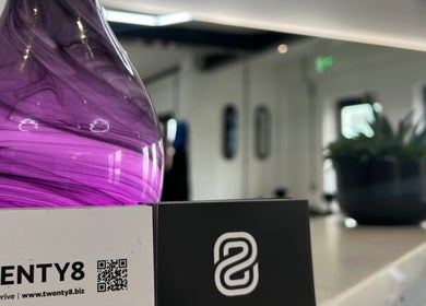 Elegant violet glass decor at Twenty8, Edinburgh, Scotland, GB enhancing the modern salon's tranquil ambiance.