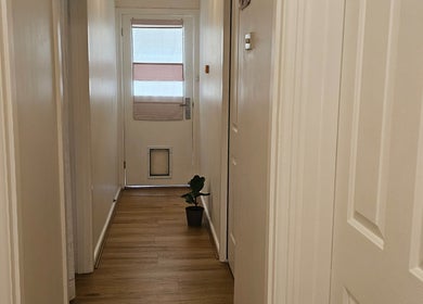 Bright hallway at Joro Studio, Melbourne, Victoria, AU with wooden floors and a small plant.