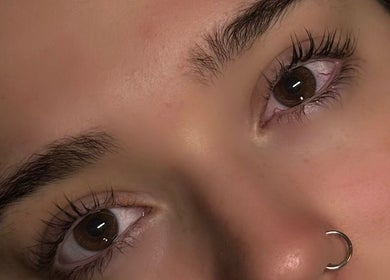 Close-up of beautifully groomed eyebrows and eyelashes at Bratz Beauty, Ossett, England, GB.