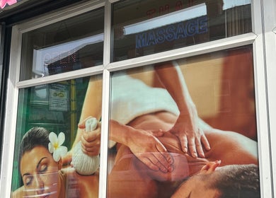 Saehgjan Spa Traditional Thai Massage window display in Liverpool, England, GB offering serene massage scenes.