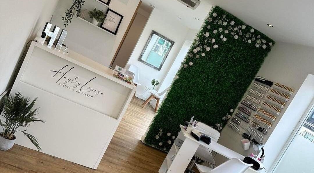 Reception area at Hayley Louise Beauty & Education in Hyde, England, GB, showcasing a modern, minimalist design.