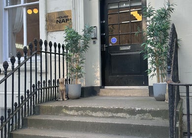 Elegant entrance of LMS Nails in Glasgow, Scotland, GB with decorative plants and iron railing.