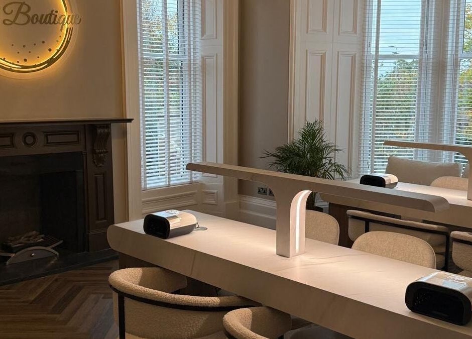 Nail boutique at Croftpark House Spa in Airdrie, Scotland, GB with modern decor and ample natural light.