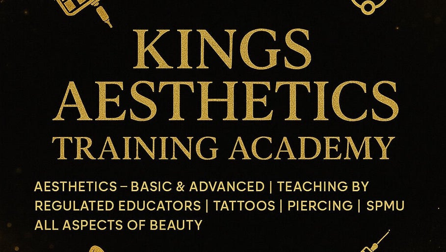 KINGS AESTHETICS TRAINING ACADEMY sign, Ashton-in-makerfield, England, featuring beauty training details.