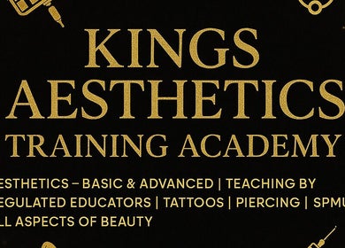 KINGS AESTHETICS TRAINING ACADEMY sign, Ashton-in-makerfield, England, featuring beauty training details.