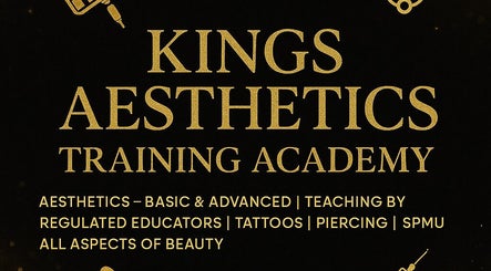 KINGS AESTHETICS TRAINING ACADEMY sign, Ashton-in-makerfield, England, featuring beauty training details.