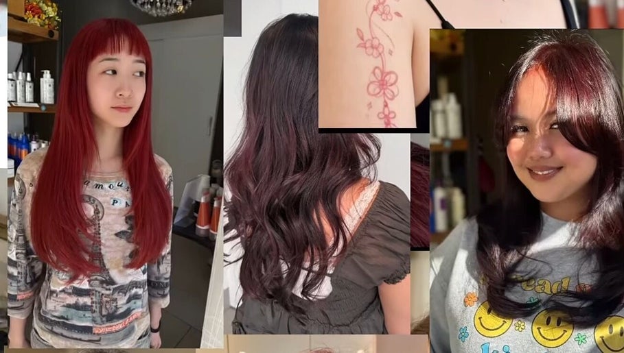 Hairstyles and tattoos at May Noh @Mophead, Richmond, British Columbia, CA. Vibrant red, curled brunette, and floral tattoo.