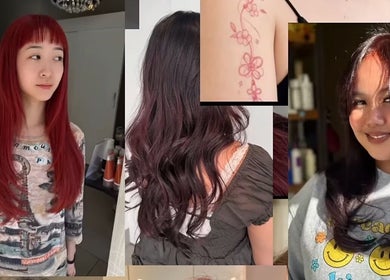 Hairstyles and tattoos at May Noh @Mophead, Richmond, British Columbia, CA. Vibrant red, curled brunette, and floral tattoo.