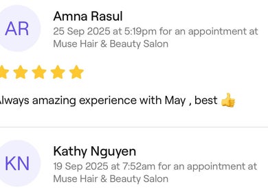Five-star review for May Noh @Mophead at Richmond, British Columbia, CA highlighting excellent experience.